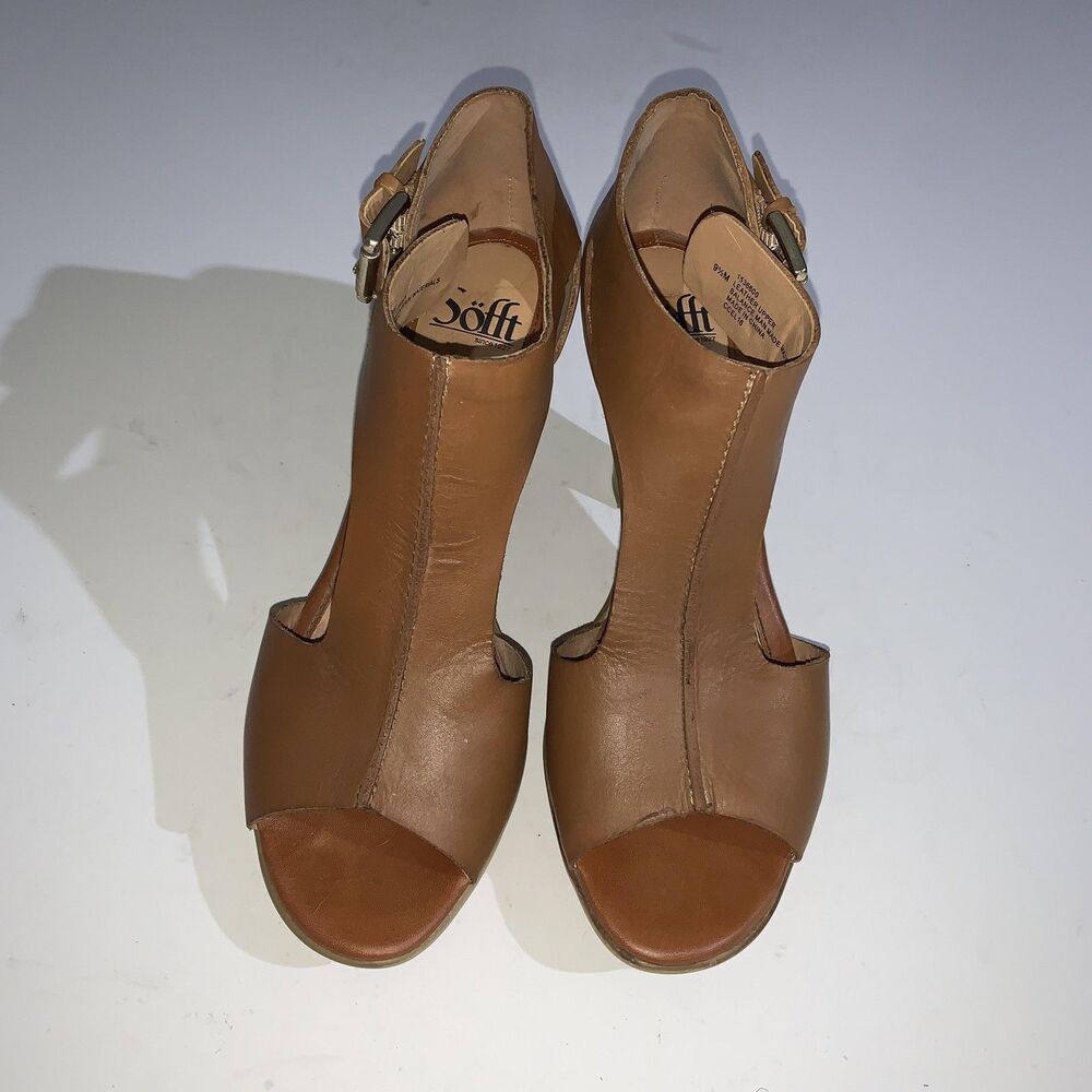 Sofft Heels Womens Size 9.5 Brown Leather Peep Toe T Strap Sandals Shoes - Picture 4 of 8